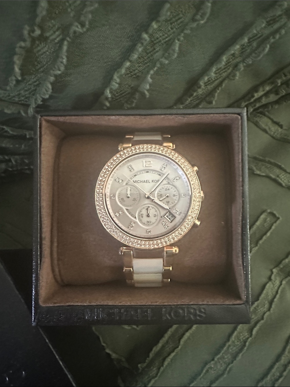Michael Kors Gold and White Crystal-Trim Chronograph Watch